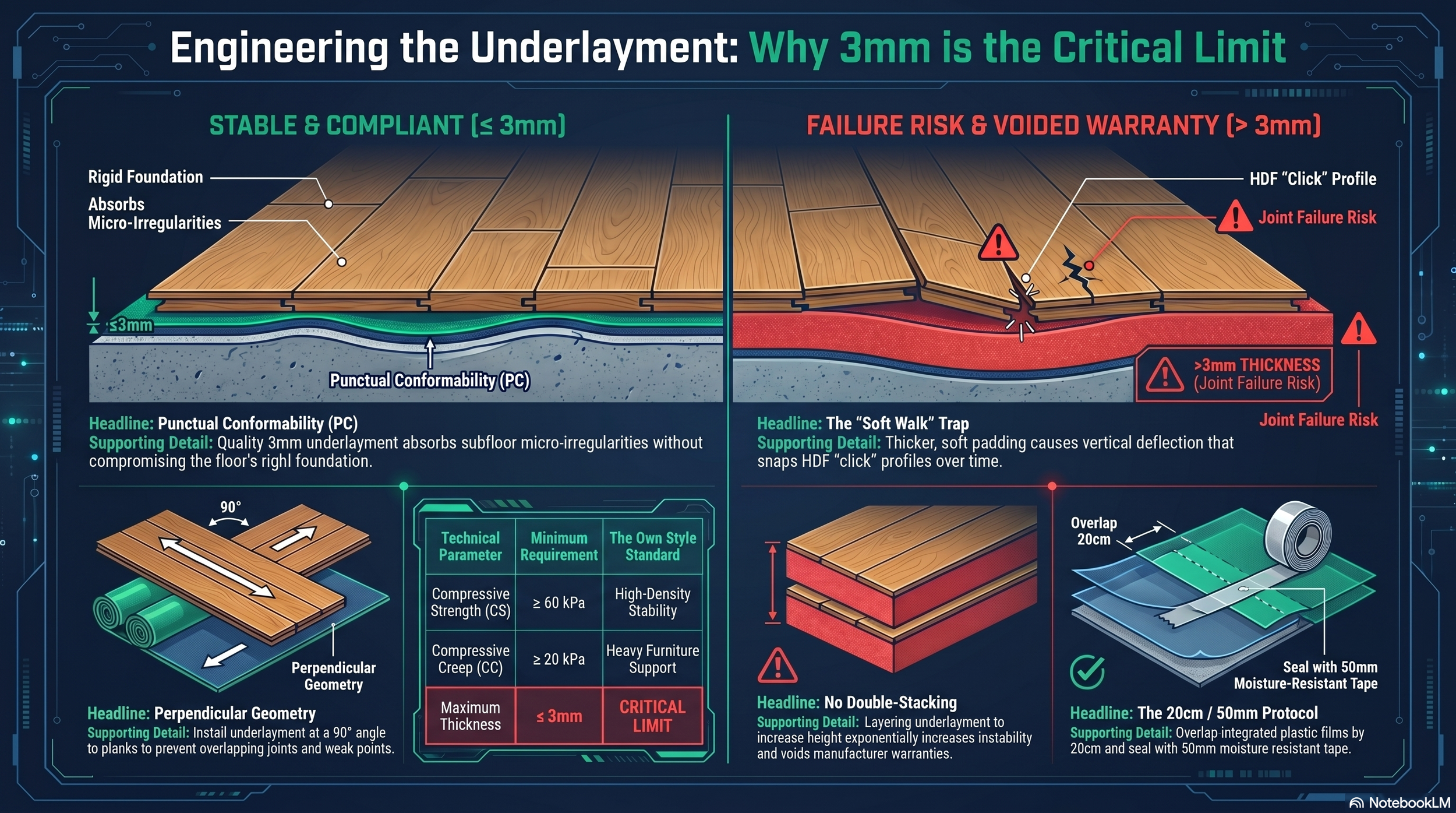Technical data table comparing underlayment CS, CC, DL, and thickness specifications for laminate flooring in Tampa Bay homes