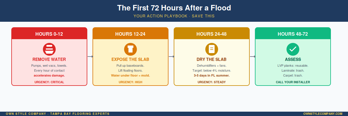 4 time blocks (0-12h, 12-24h, 24-48h, 48-72h) with action icons and urgency color coding (red > orange > yellow > green).
