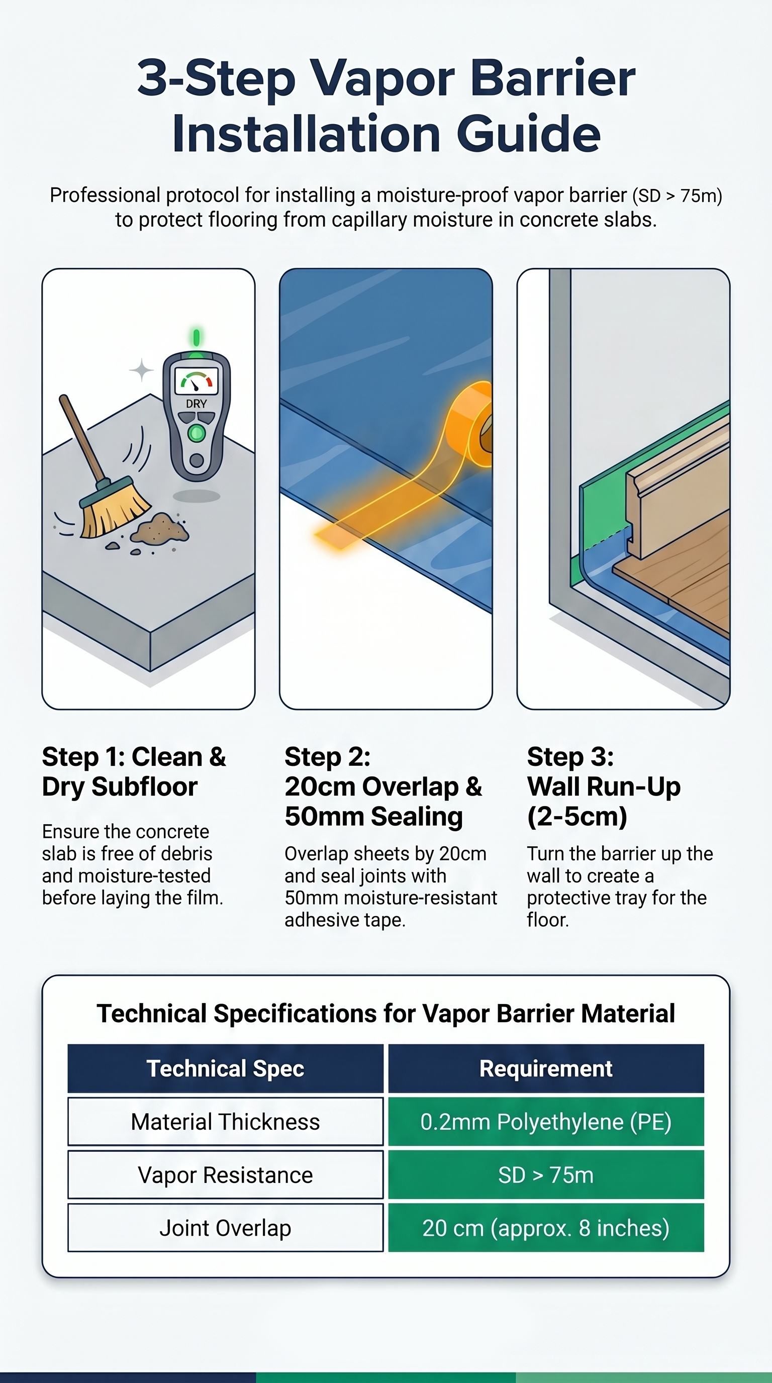 Step-by-step guide for installing a flooring vapor barrier with correct overlaps and wall run-up.