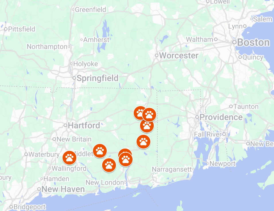Map of parts of Connecticut highlighting multiple clinics where Kane Veterinary Imaging visits, marked with paw print icons.