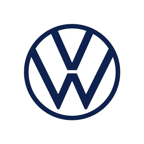 VW-Logo, rund, blauer Buchstabe "V" über "W". Volkswagen-Emblem.