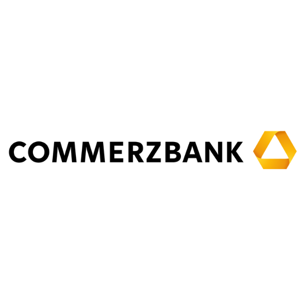 Logo der Commerzbank mit schwarzem Schriftzug und gelbem sechseckigem Symbol.