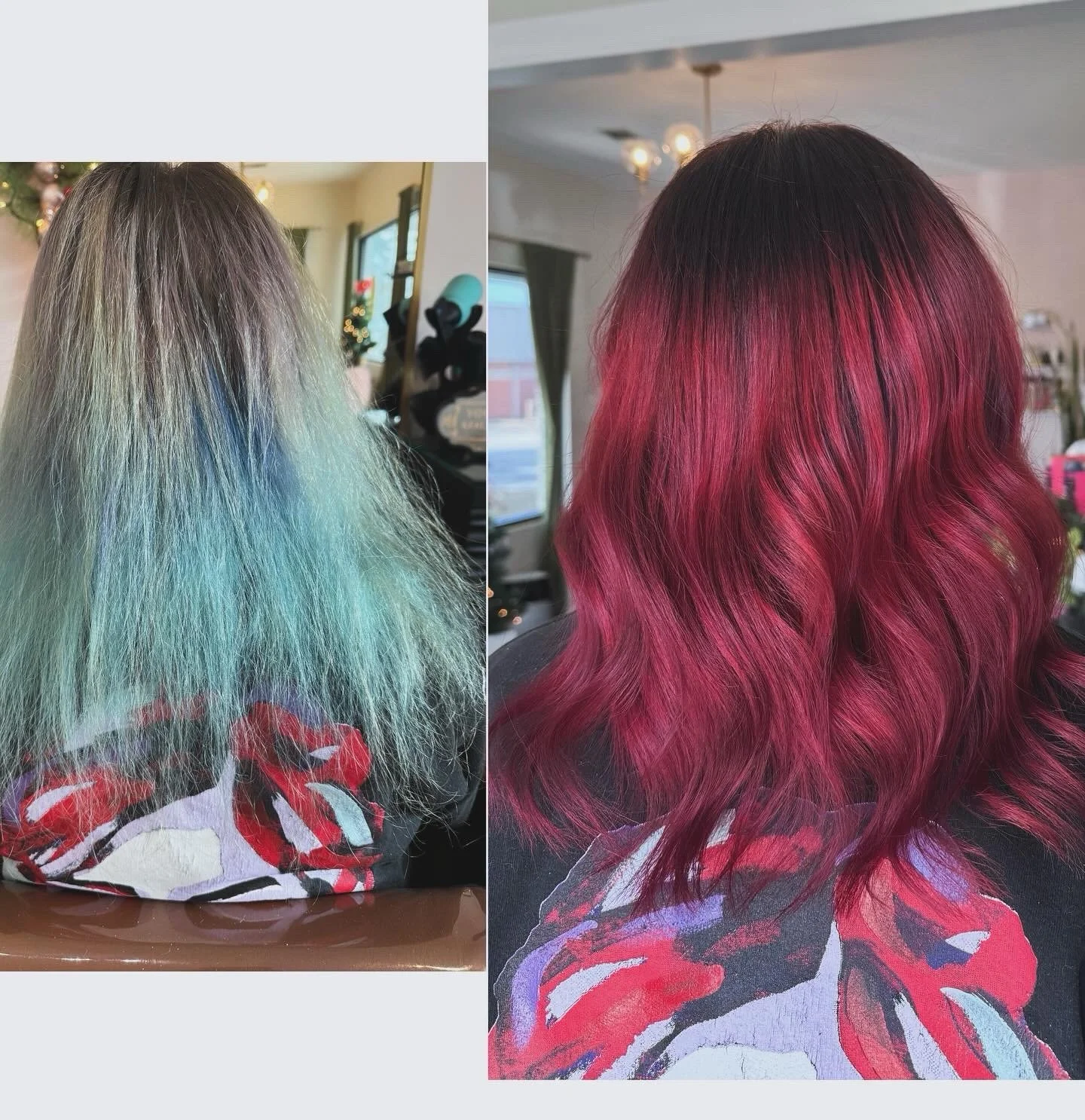 Side-by-side comparison of a woman's hair, showing before and after hair coloring. The left image shows hair with faded, multi-tone pastel colors, including green, blue, and purple. The right image shows the same hair after being dyed a vibrant, rich pink with soft waves.
