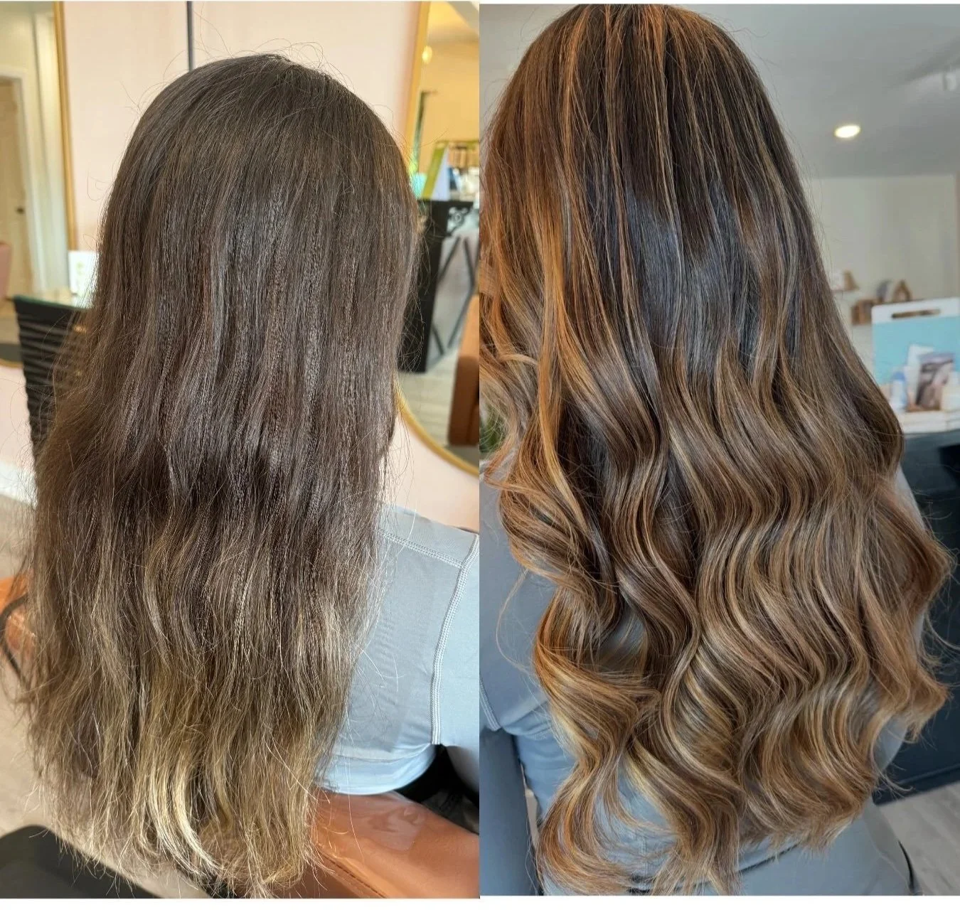 Side-by-side comparison of a woman's hair before and after a professional styling. The 'before' shows long, straight brown hair with a natural wave and subtle highlights. The 'after' features long, voluminous, and styled hair with defined, loose curls and rich caramel highlights.