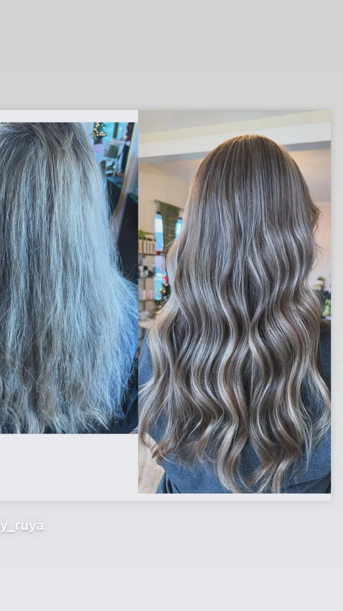 Side-by-side comparison of hair before and after styling, showing frizzy hair on the left and smooth, wavy hair on the right.