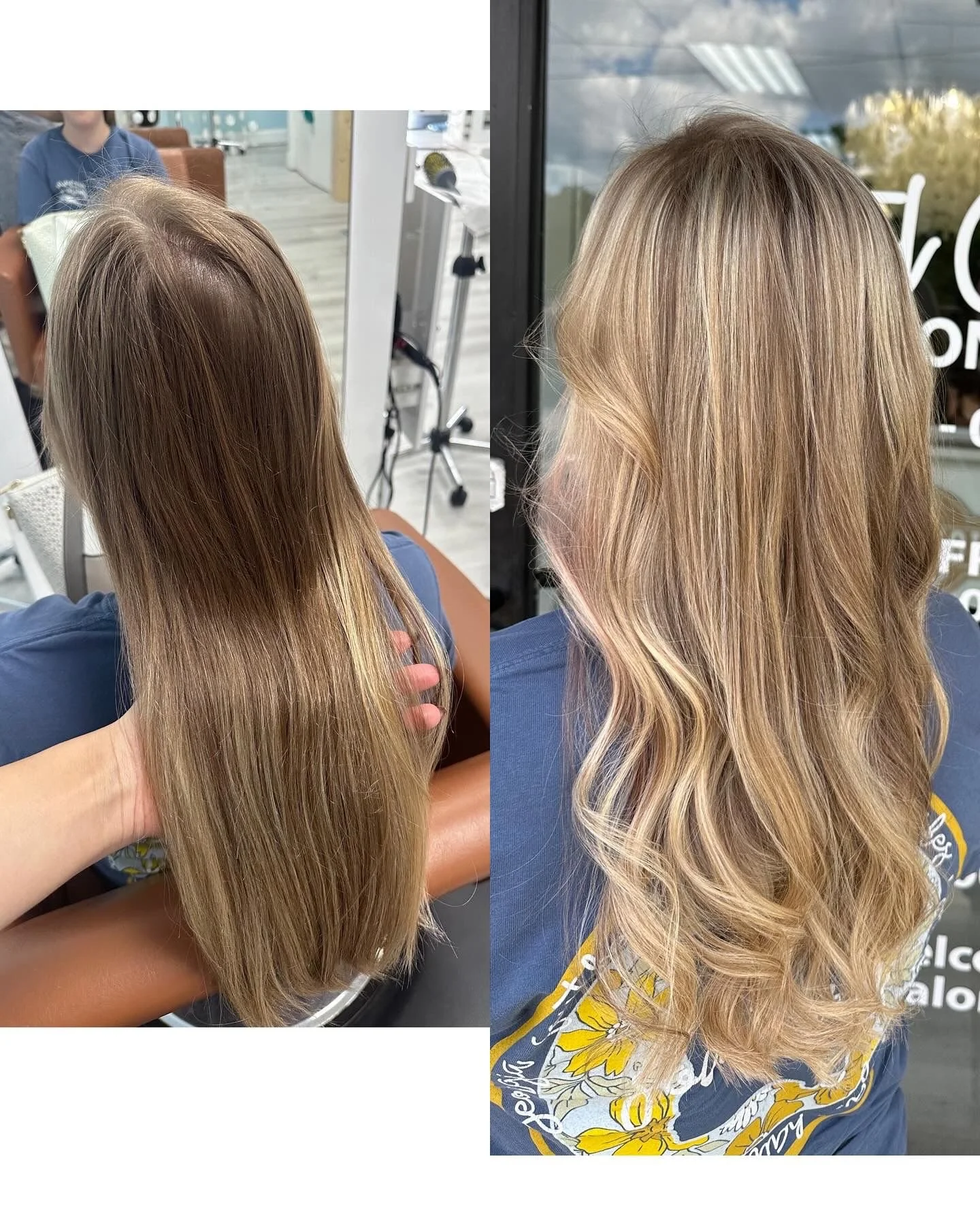Before and after images of a woman's hair transformation, showing long, straight, light brown hair in the before photo and styled, wavy, blonde hair in the after photo.
