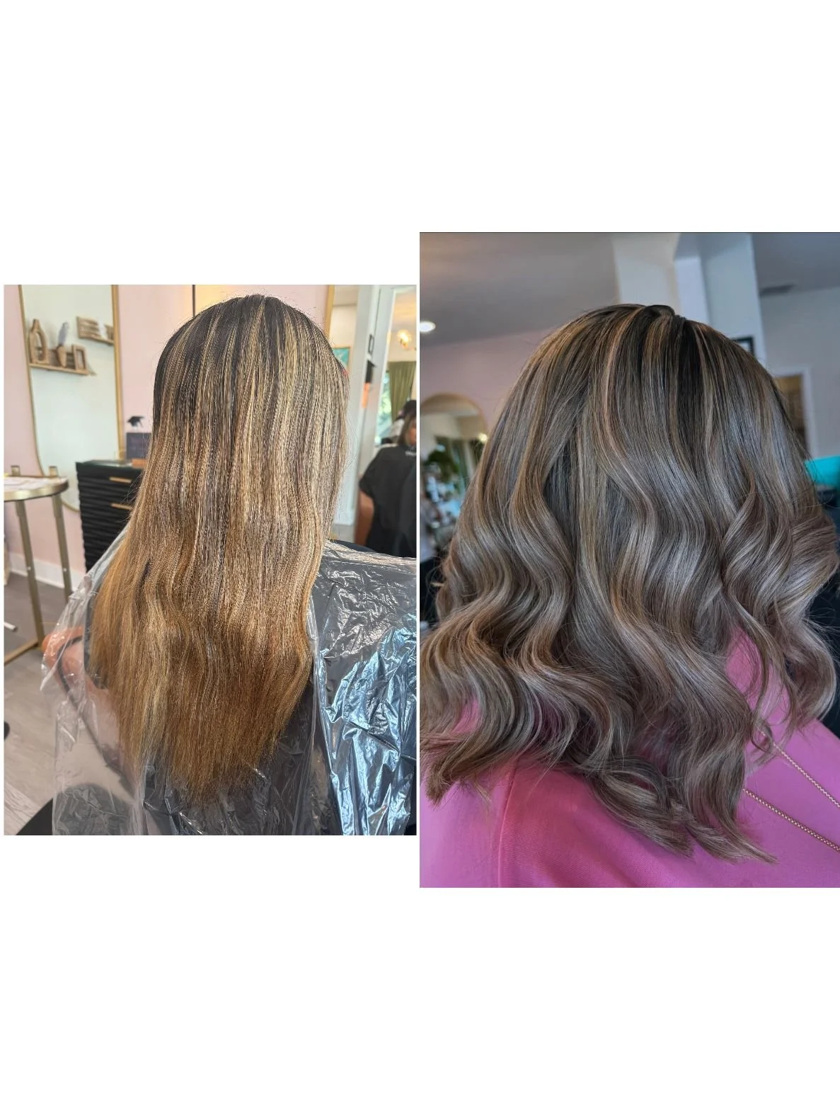 Before and after images of a woman’s hair showing a transformation from bronde and unstyled, to styled with soft curls and a richer, more defined color.
