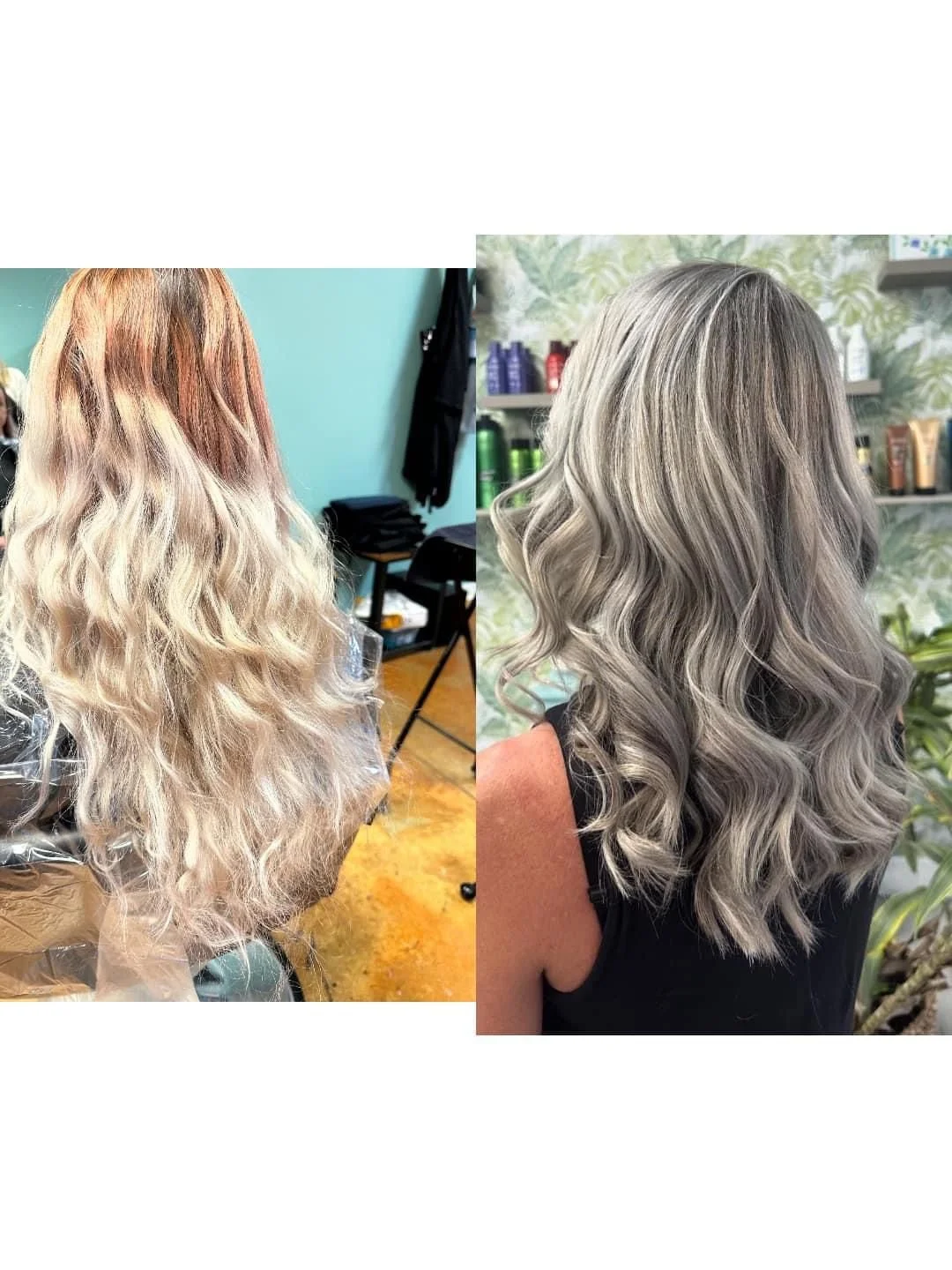 Side-by-side comparison of a woman's wavy hair before and after coloring or styling. The before image shows hair with a gradient from reddish-brown to platinum blonde, while the after image shows hair in shades of ash blonde with well-defined waves.