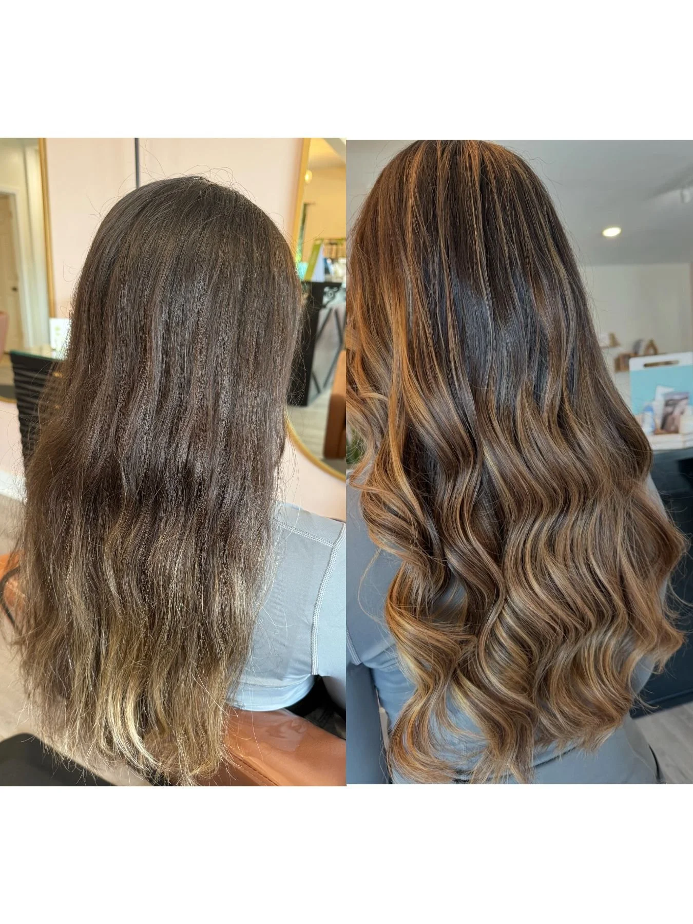 Side-by-side comparison of a woman's hair before and after a professional hair coloring and styling. The before image shows long, wavy, dark blonde hair with some gray strands. The after image shows the same hair styled in loose curls with a warm caramel and honey blonde balayage color.