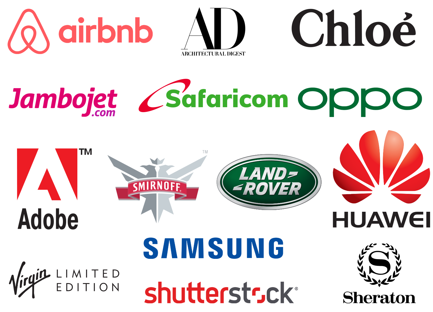 Various brands Trevor Maingi Has worked with. Safaricom, Airbnb,Samsubg, Adobe, Landrover, Architectural Digest