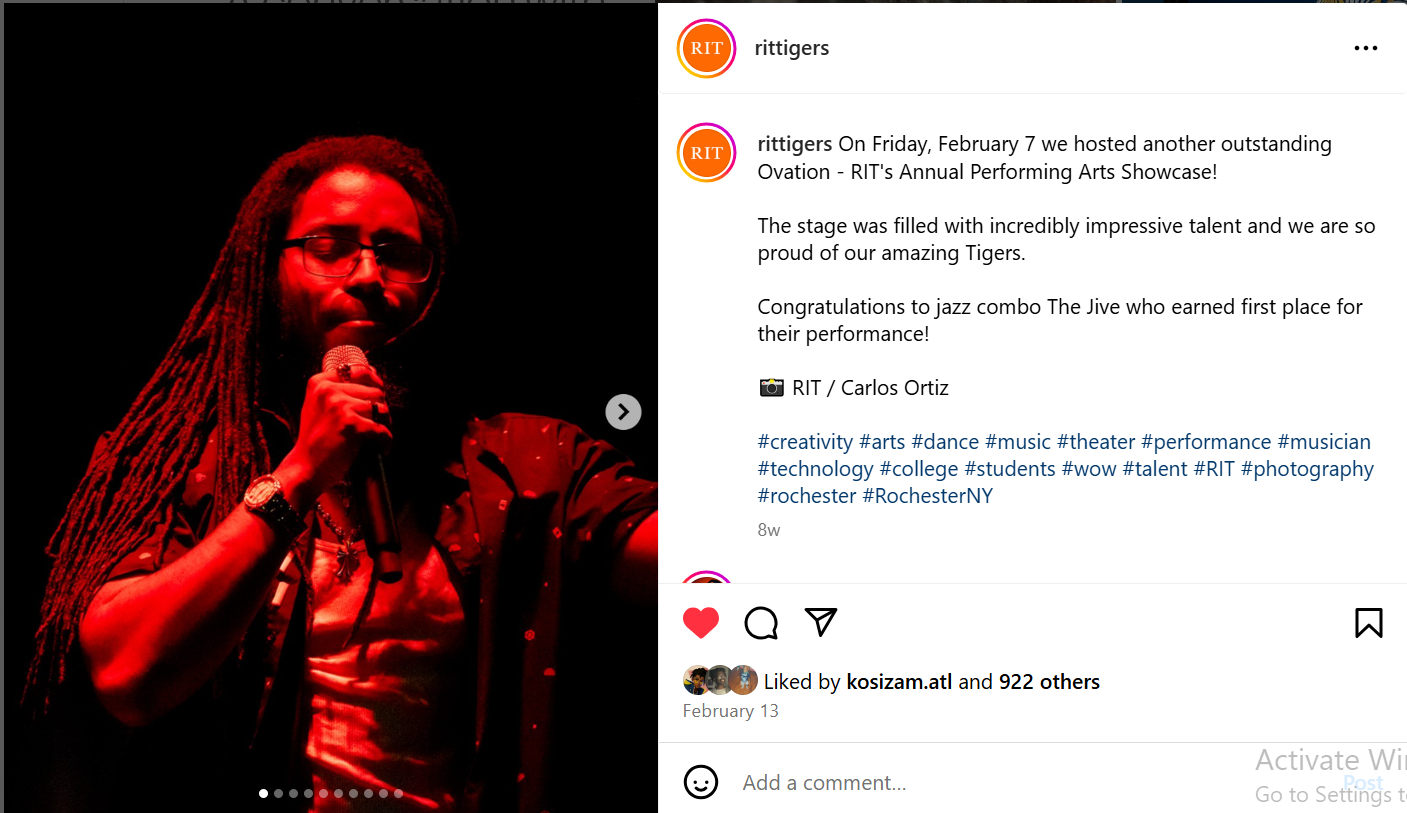 Was featured on the front page of RIT's official Instagram after performing in Ovation, RIT's premier performing arts showcase
