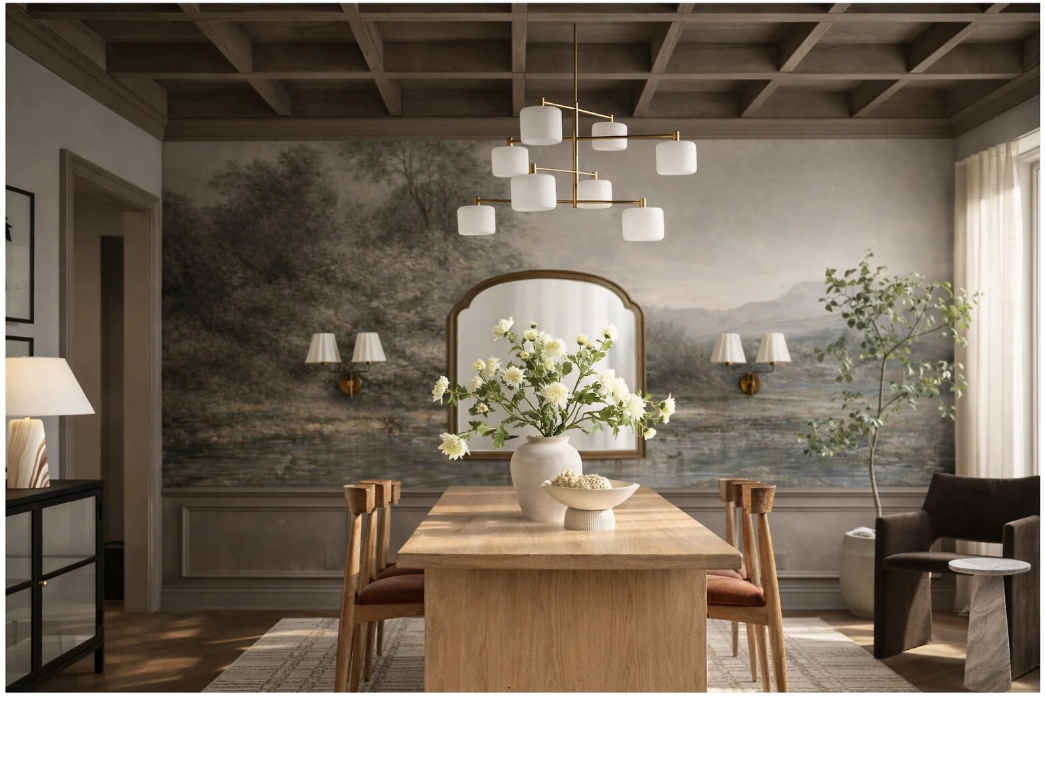 Living room with beige sofa, white armchair, gold floor lamp, wall sconce, wooden coffee table, and beige curtains, chandelier, floral arrangement on table.