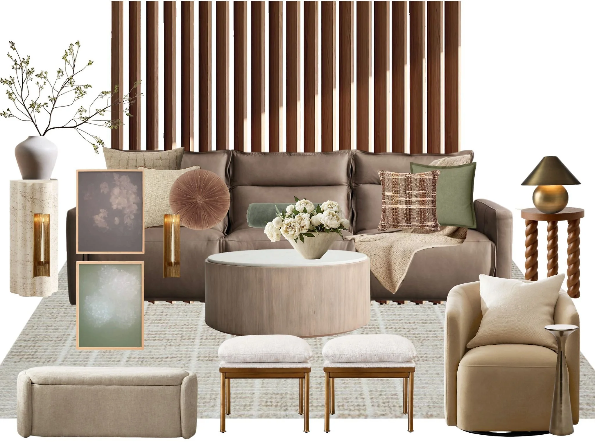 Interior design mood board featuring neutral-toned furnishings, decorative items, plants, framed artwork, and lighting fixtures for a stylish, modern space.