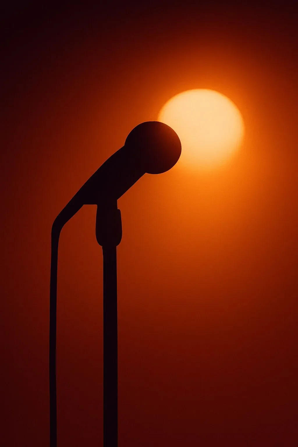 Microphone éclairé par une lumière chaude, symbole de clarté, de présence et de préparation,  l’artiste prêt à partager sa voix avec confiance.