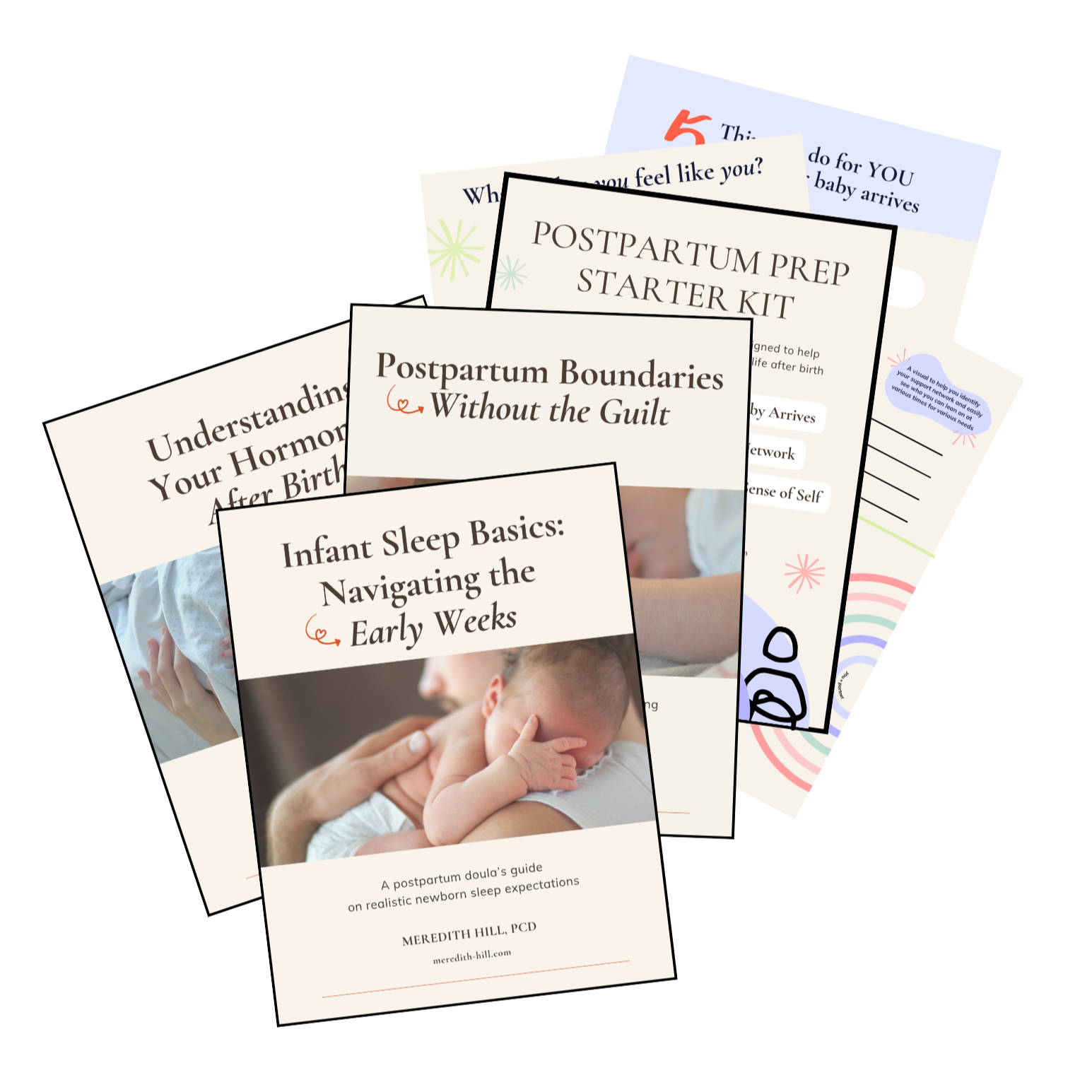 Cluster of educational pamphlets on postpartum and infant sleep, including titles like 'Postpartum Boundaries Without the Guilt,' 'Infant Sleep Basics: Navigating the Early Weeks,' and 'Postpartum Prep Starter Kit,' featuring images of a mother with a sleeping baby.