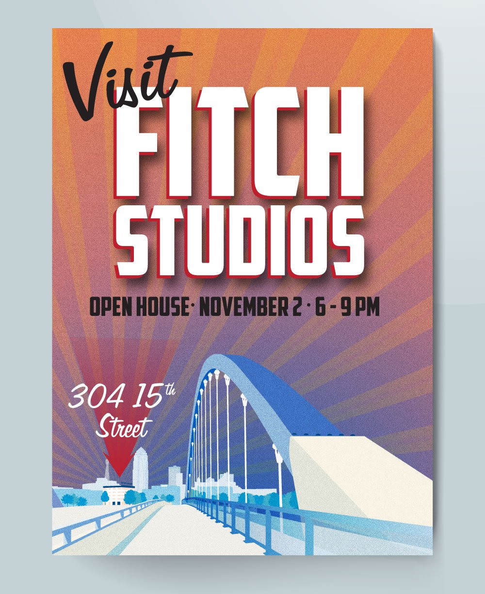 Postcard advertising an open house event at 'Fitch Studios' on November 2nd from 6 to 9 PM, featuring an illustration of a bridge and the Des Moines city skyline with the address '304 15th Street.'