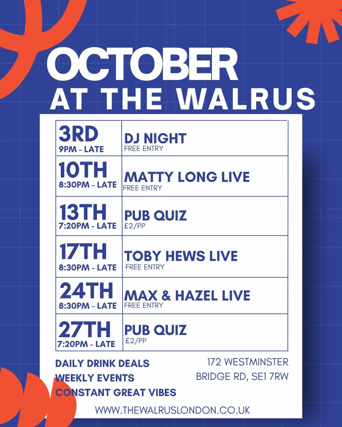 Feeling autumnal? Needing a cozy spot to drink the evening away with live music, a fun pub quiz and crazy drink deals? Come down to The Walrus and we&rsquo;ll handle the rest 🍺🍻

#waterloo #thewalrusbarandhostel #londonpub #londonfreemusic #livemus