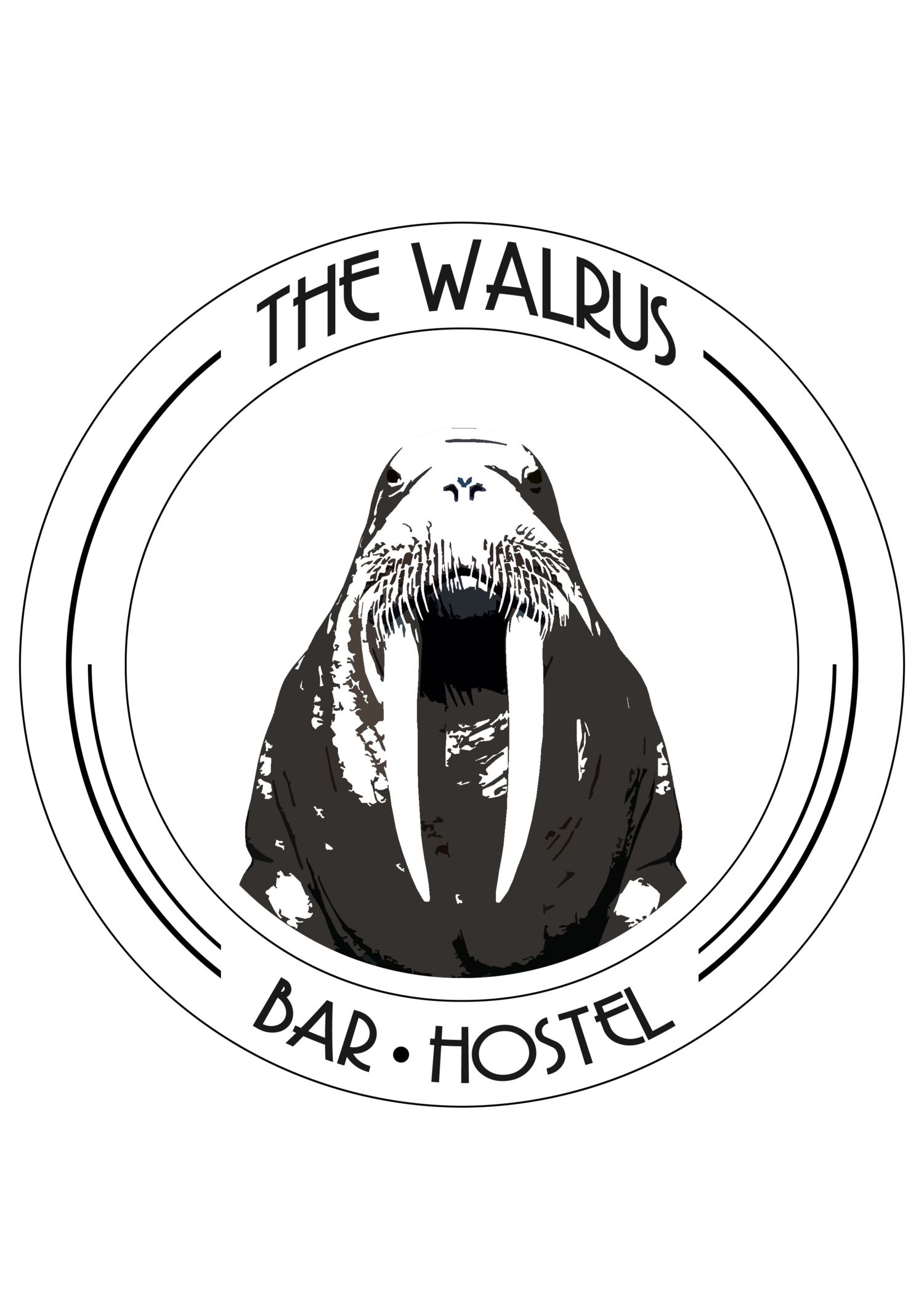 Logo featuring a walrus wearing a black hoodie, surrounded by circular text that reads 'The Walrus Bar Hostel'.