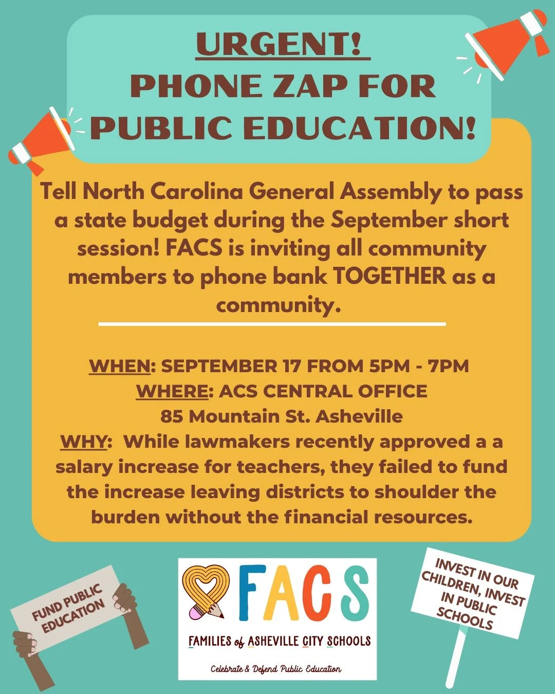 URGENT our kids, teachers, and public schools need us!

One of FACS values is that democracy is not a spectator sport. To us, this means, actively fight for what we believe to be important. We need you to join us in a community phone banking event TH