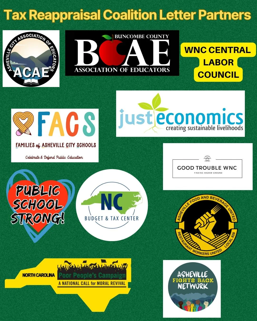There is power in our collective voice! 11 organizations have joined together to ensure that Buncombe County conducts a fair, transparent, and equitable tax reappraisal. Change can not happen in isolation. It takes the community to stand together to 