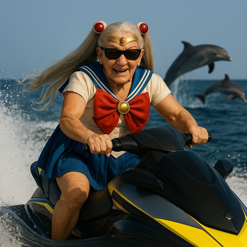 Una donna anziana vestita da personaggio anime guida una moto d'acqua, con delfini che saltano sullo sfondo.