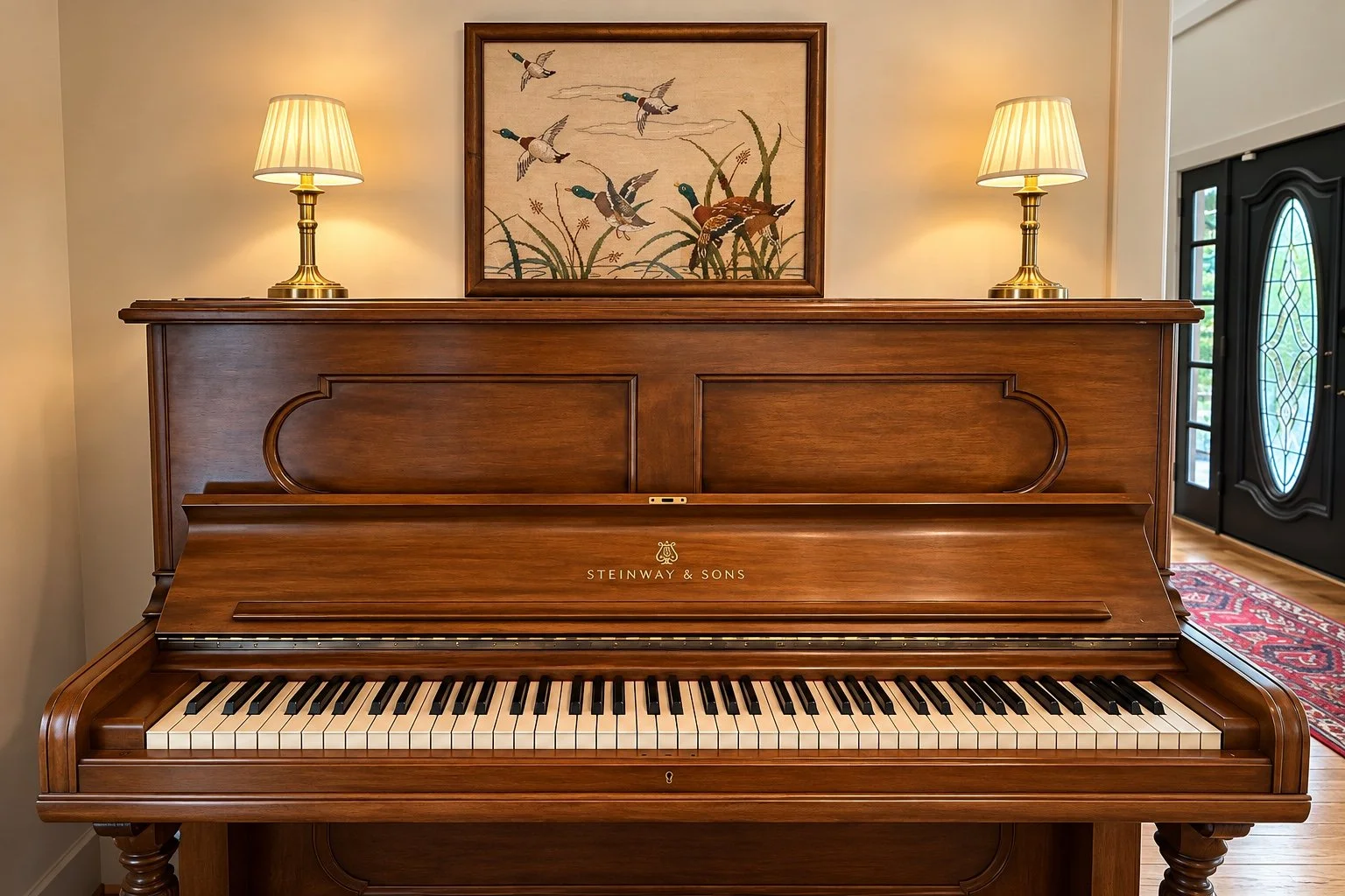 The Steinway upright piano at Pine Shore Lodge.