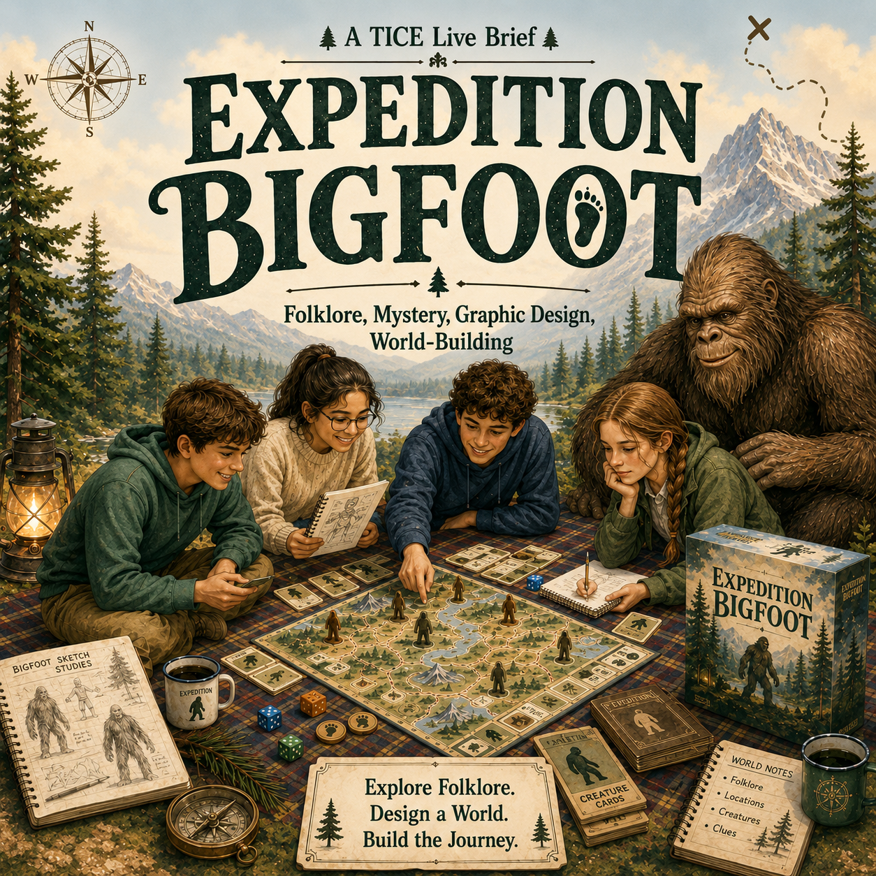Expedition Bigfoot artwork showing teenagers designing and playing a folklore-inspired board game with Bigfoot in a mountain forest setting.