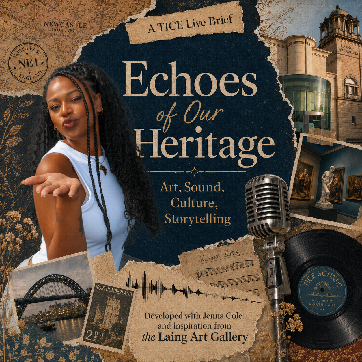 A collage for Echoes of Our Heritage featuring Jenna Cole, the Laing Art Gallery, a vintage microphone, vinyl record and Newcastle-inspired heritage imagery.