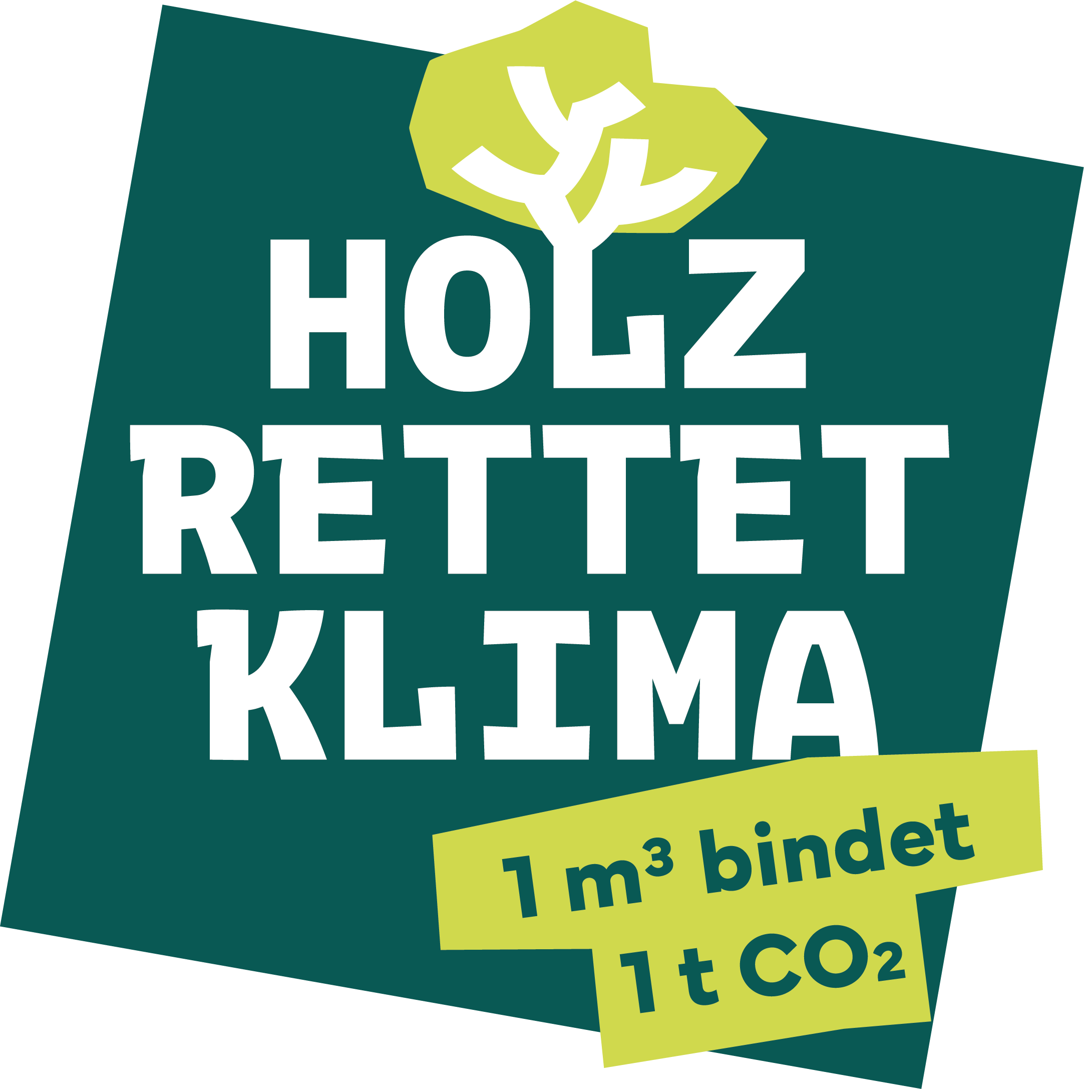 Logo mit Baum und Text "Holz rettet Klima" und Zusatzinformationen "1 m³ bindet 1 t CO₂".