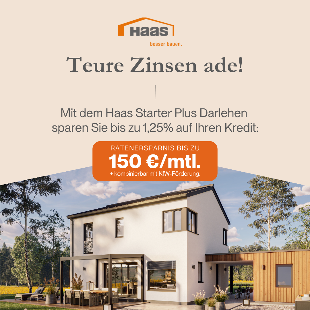 Werbeanzeige für Haas Bau mit einem modernen Einfamilienhaus im Hintergrund.