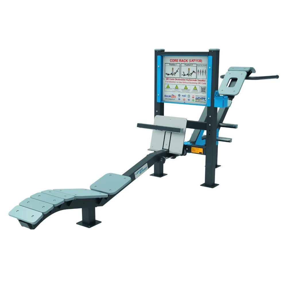 Outdoor core rack station designed for sit-ups and back-extension exercises — heavy-duty steel construction comparable to Omnigym for municipal outdoor gyms.