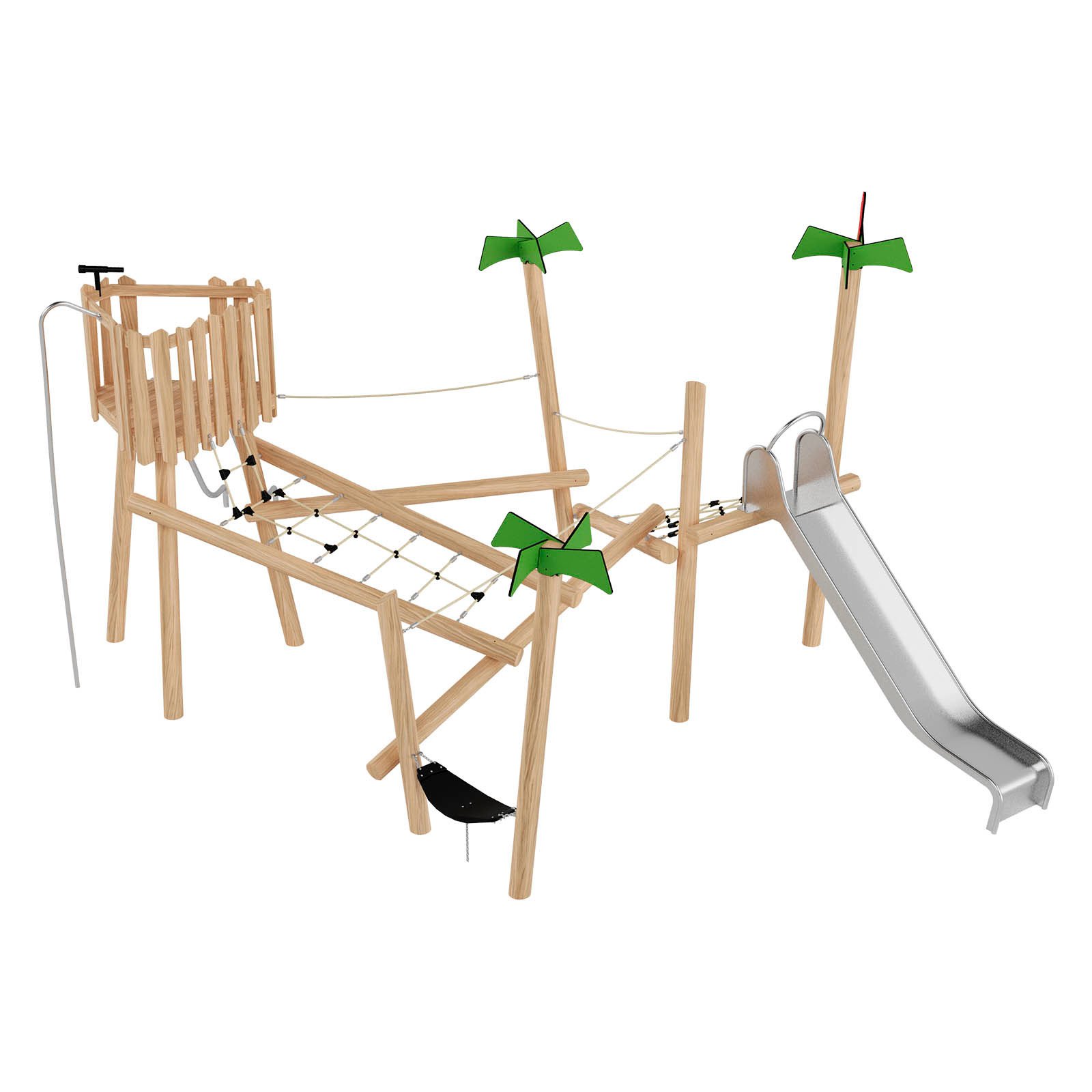 Wooden playground adventure set made of robinia acacia wood with slide and rope elements, designed for children aged 3–14 in public playgrounds.