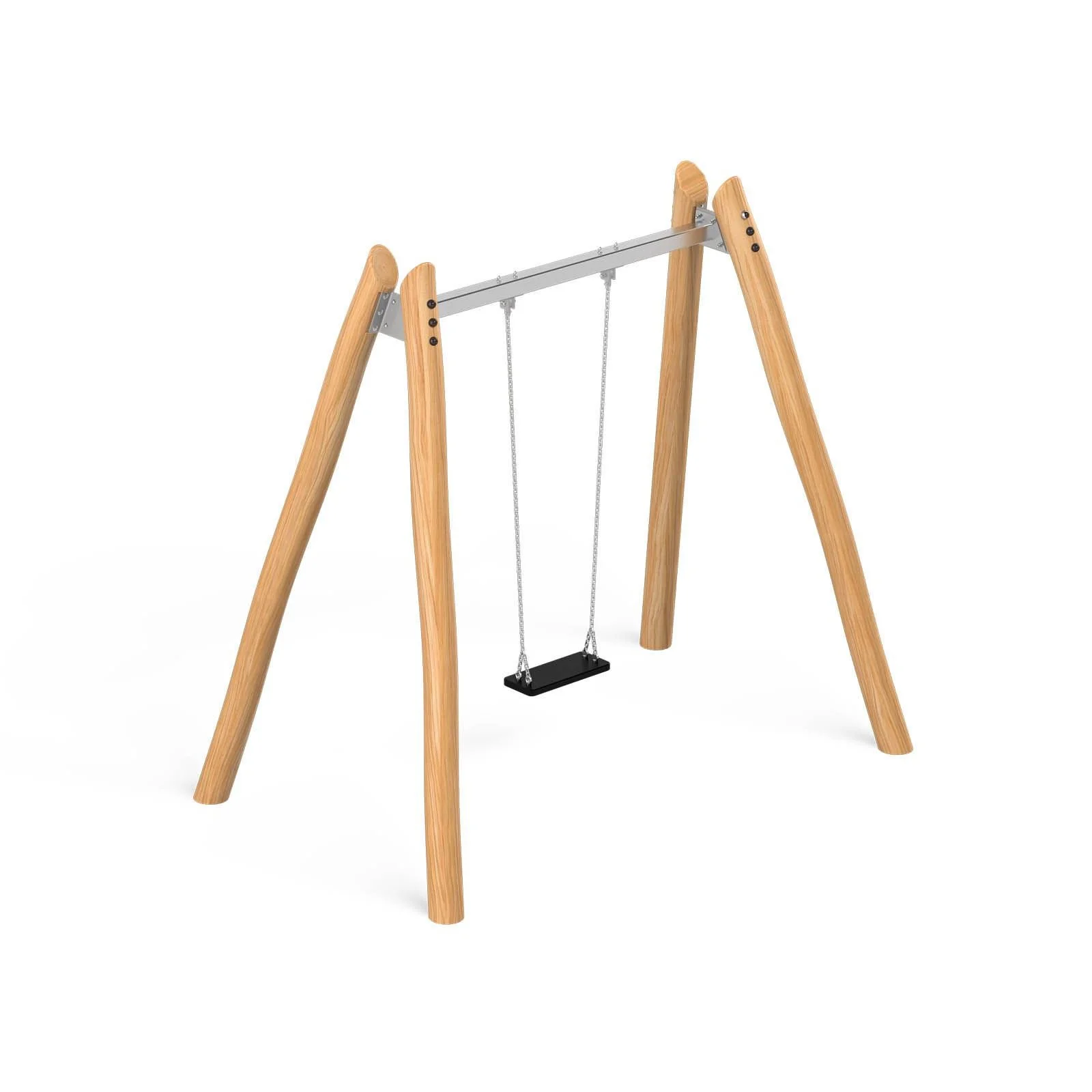 Single playground swing made of robinia acacia wood and stainless steel, designed for children aged 3–14 for public outdoor playground use.