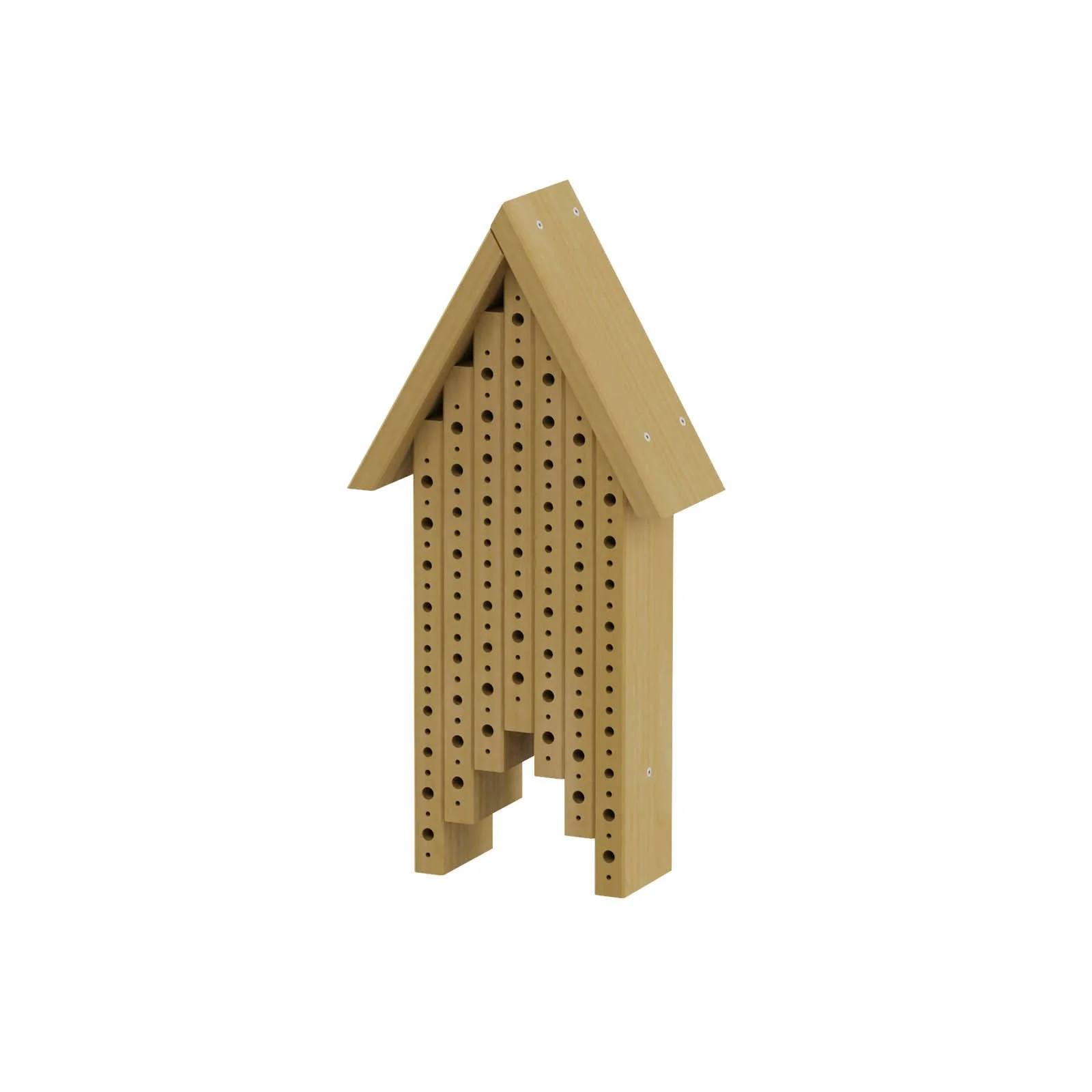 Natural wooden sensory insect house made of impregnated pine wood, designed for children aged 1–7 to observe insects and learn about nature outdoors.