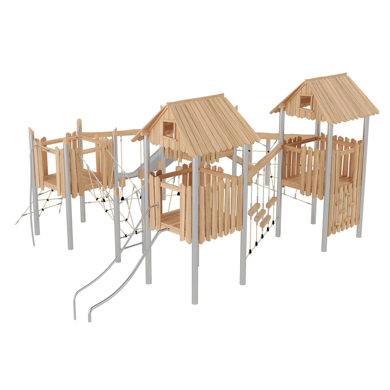 Robinio 403 playground structure for public areas, ages 3–14, with slides, rope elements and roofed platforms, designed for high-capacity play and EN 1176 compliance.