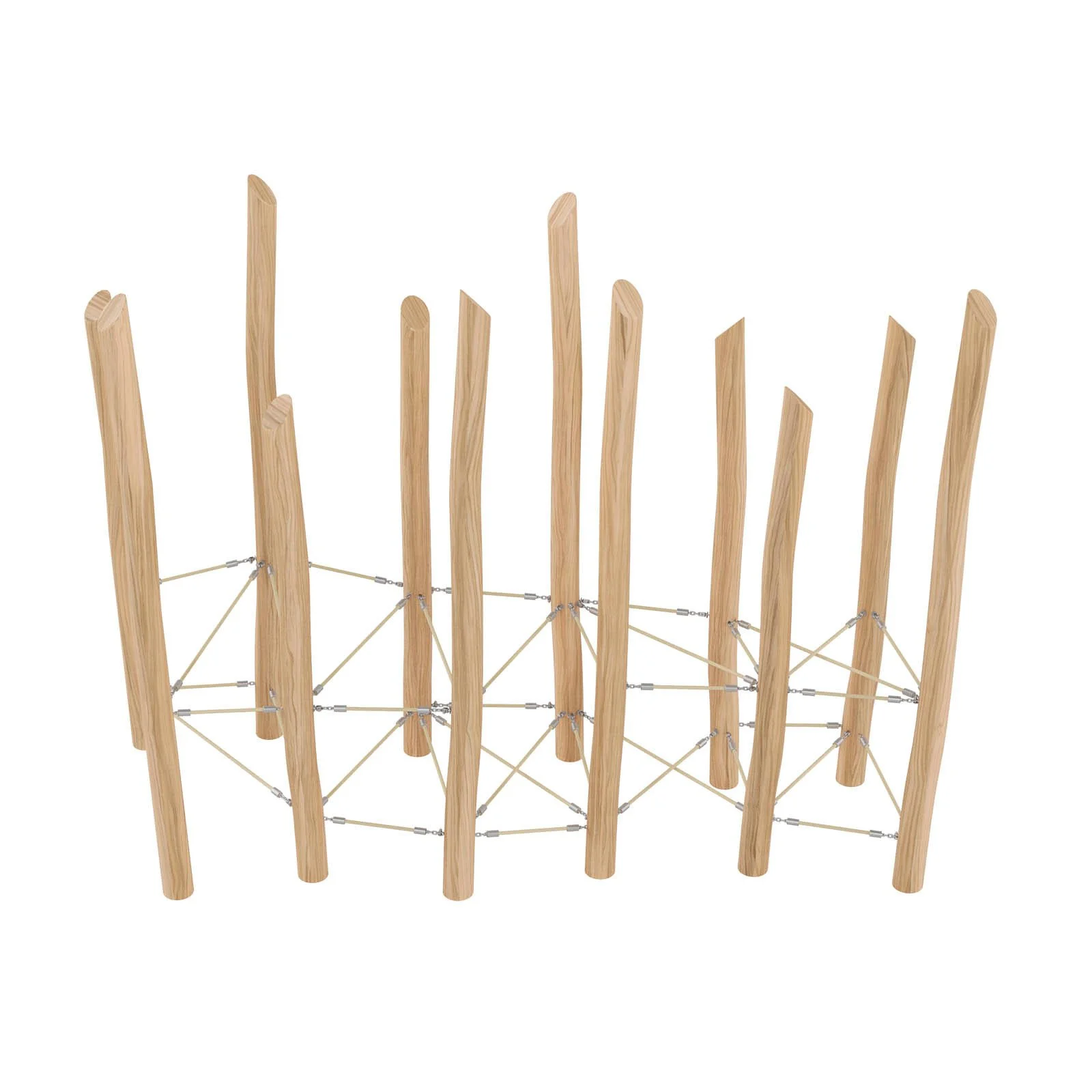 Wooden playground climbing net made of robinia acacia wood and steel-core ropes, designed for children aged 3–14 for active group play in public spaces.