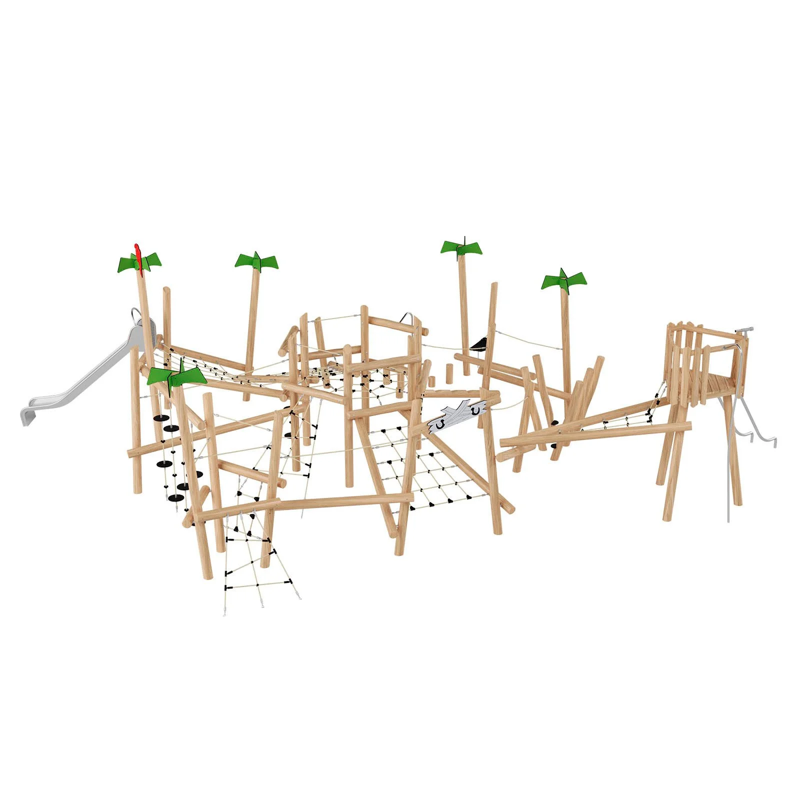 Large playground adventure set made of robinia acacia wood with slides, ropes, and climbing elements, designed for children aged 3–14 in public playgrounds.