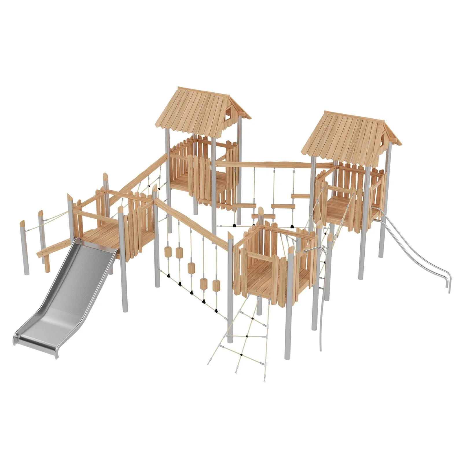 Robinio 403 playground structure for public areas, ages 3–14, with slides, rope elements and roofed platforms, designed for high-capacity play and EN 1176 compliance.