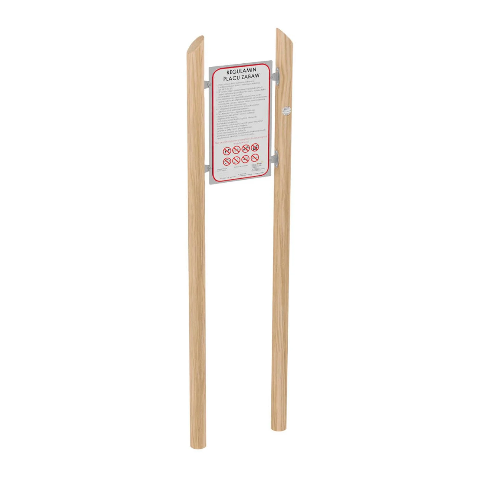 Robinio Information Board II for public spaces, made of black locust wood with HPL panel, designed to display playground rules and notices outdoors.