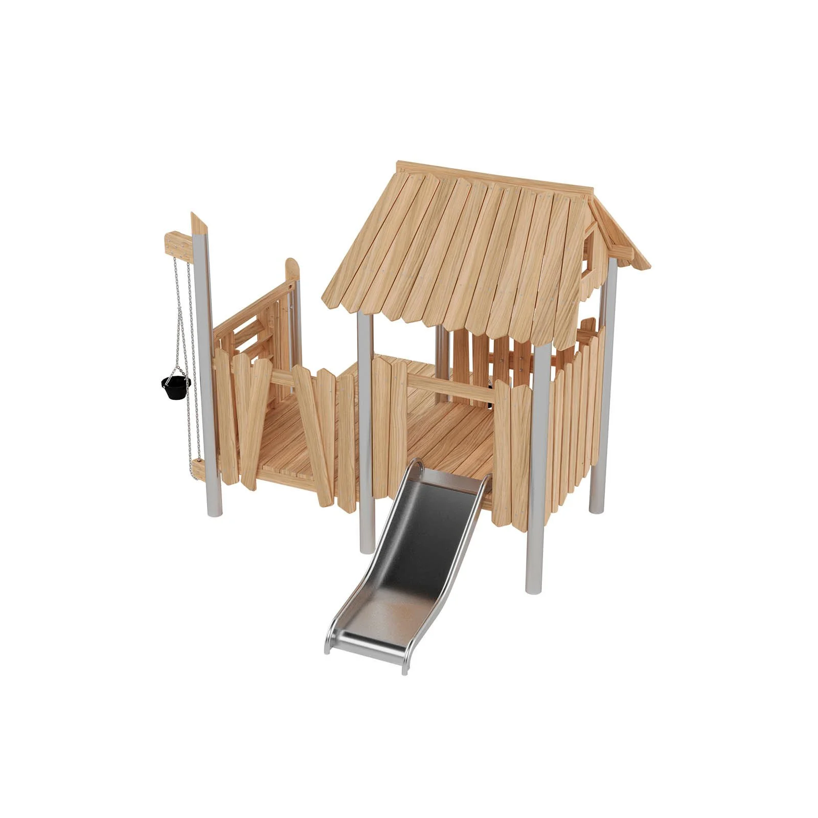 Compact roofed playground set with slide for young children, designed for public outdoor areas and compliant with EN 1176 safety standards.