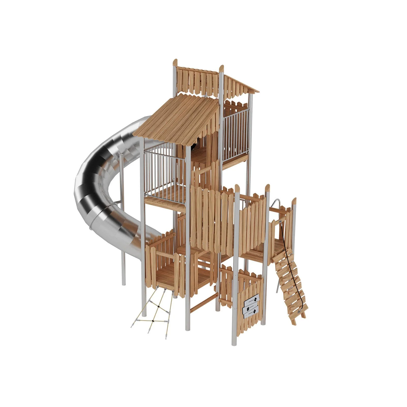 Large multi-level playground tower made of robinia acacia wood and stainless steel, designed for children aged 3–14 for active group play in public playgrounds.