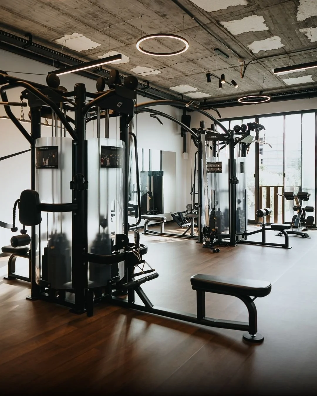 Modern gym with weight machines, benches, and dumbbells, illuminated by natural light through large windows.