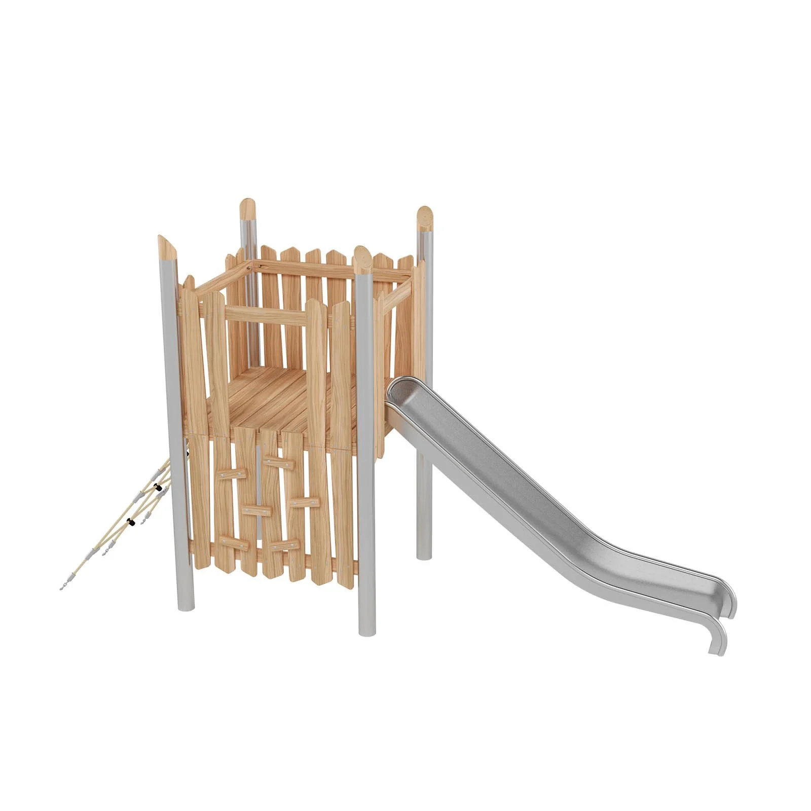 Robinio 101 playground structure for public spaces, ages 3–14, combines climbing and stainless steel slide, compact design, durable materials, EN 1176 compliant.