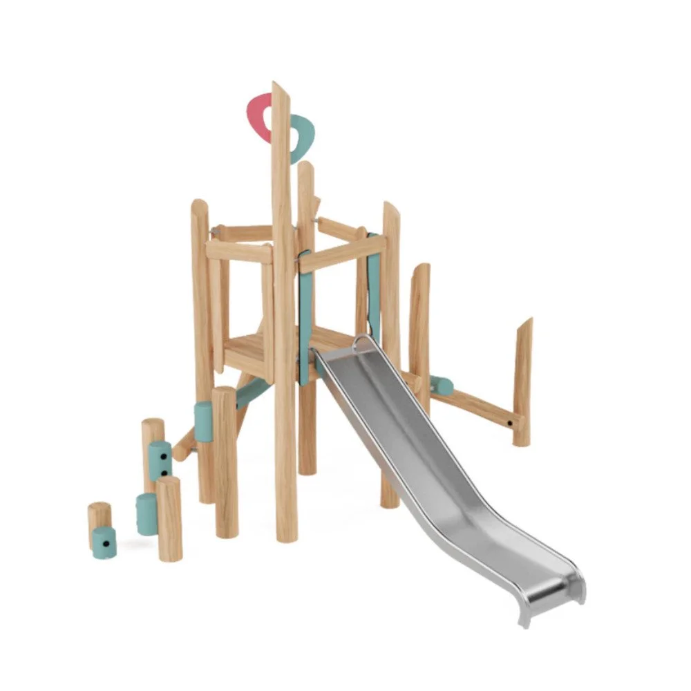 Robinio Set 2 playground structure for ages 3–14, suitable for public spaces, with multiple climbing entrances, stainless steel slide, robinia wood