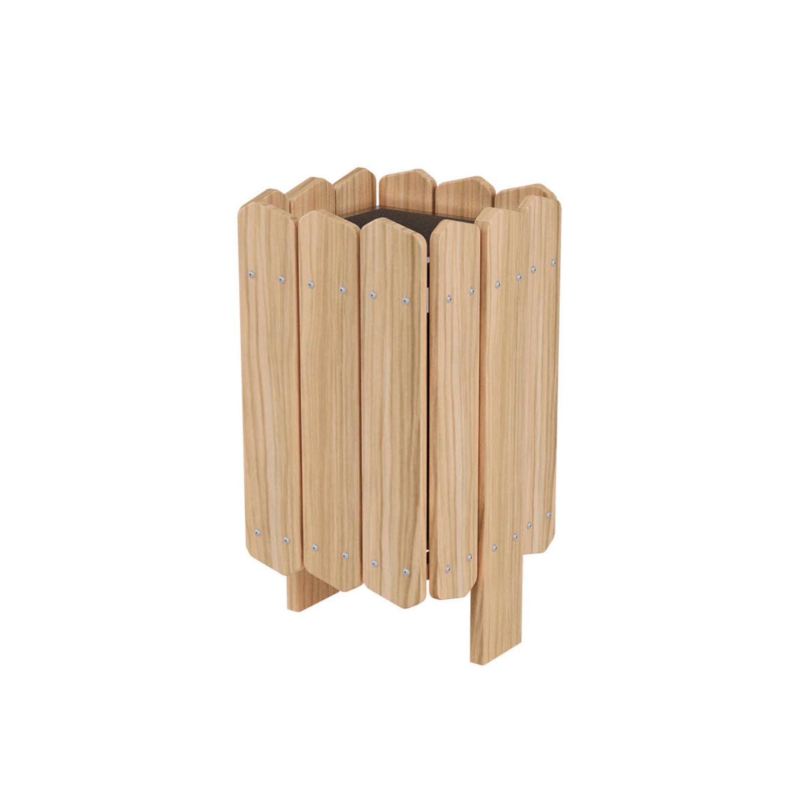 Robinio waste bin for public spaces, made of black locust wood with steel liner, designed for durability and cleanliness in parks and playgrounds.