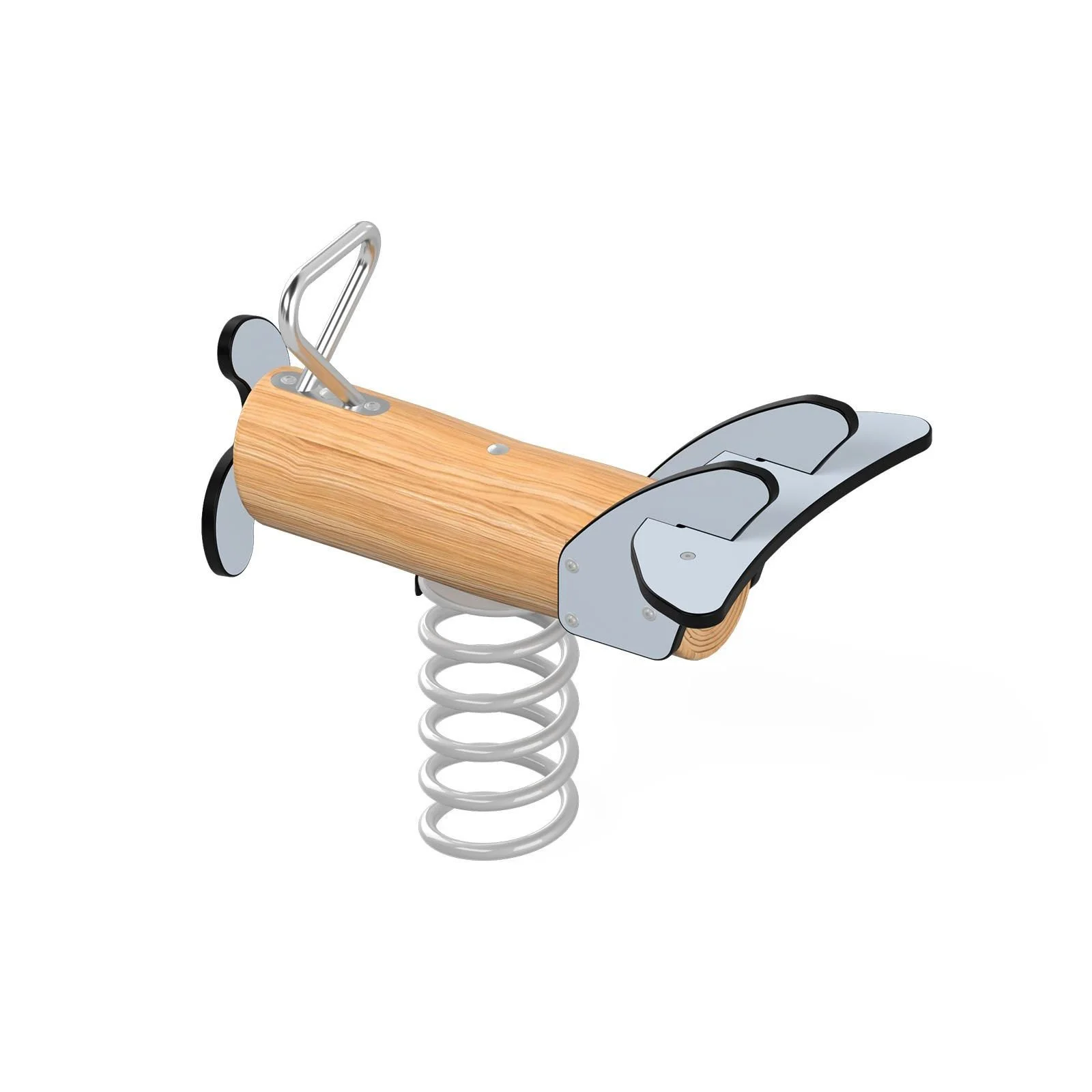 Robinio Plane spring rocker with metal base for children aged 1–12, designed for public playgrounds, supporting balance and coordination, EN 1176 compliant.