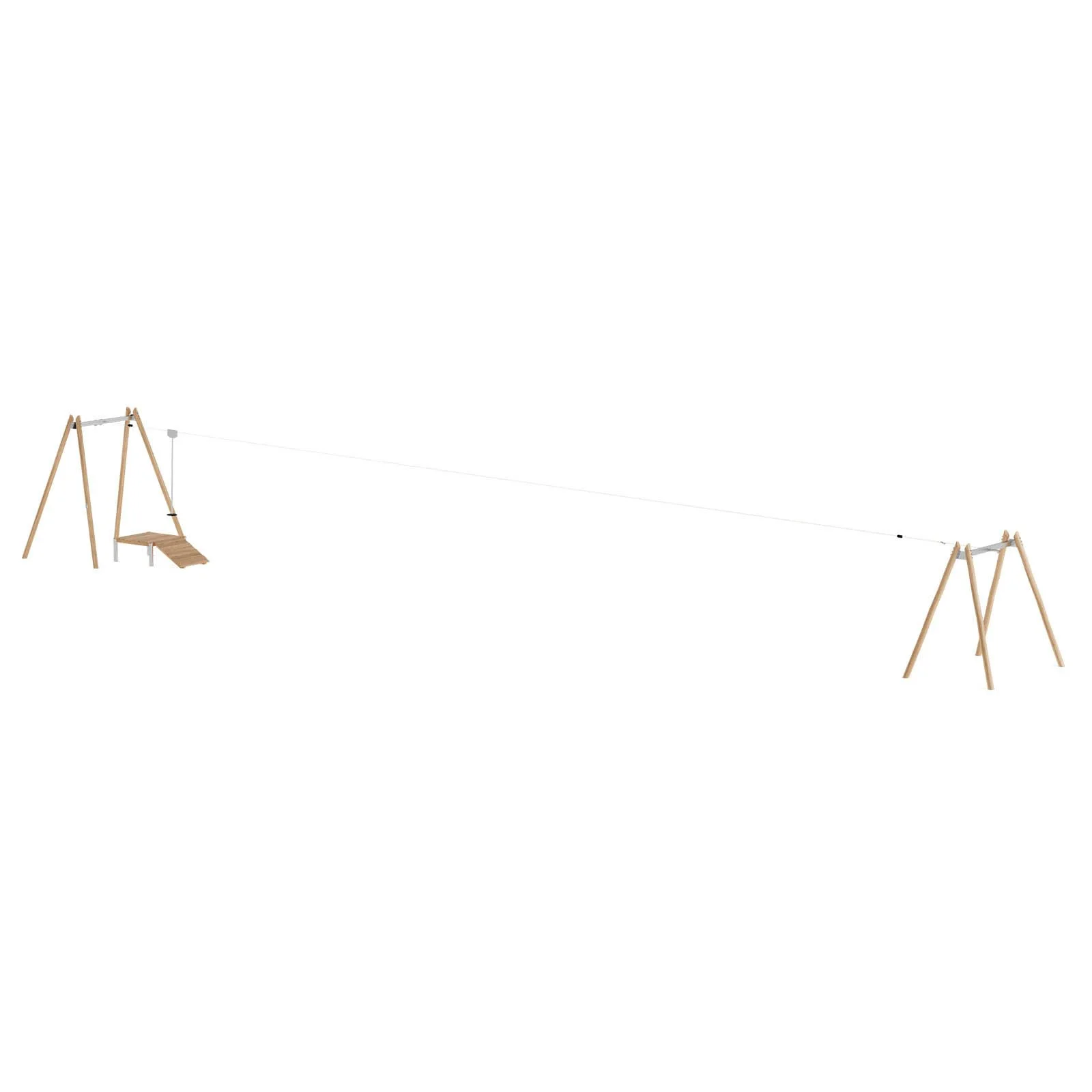 Robinio zip line playground structure for public spaces, ages 3–14, single-user ride with steel cable, robinia wood supports, EN 1176 compliant.