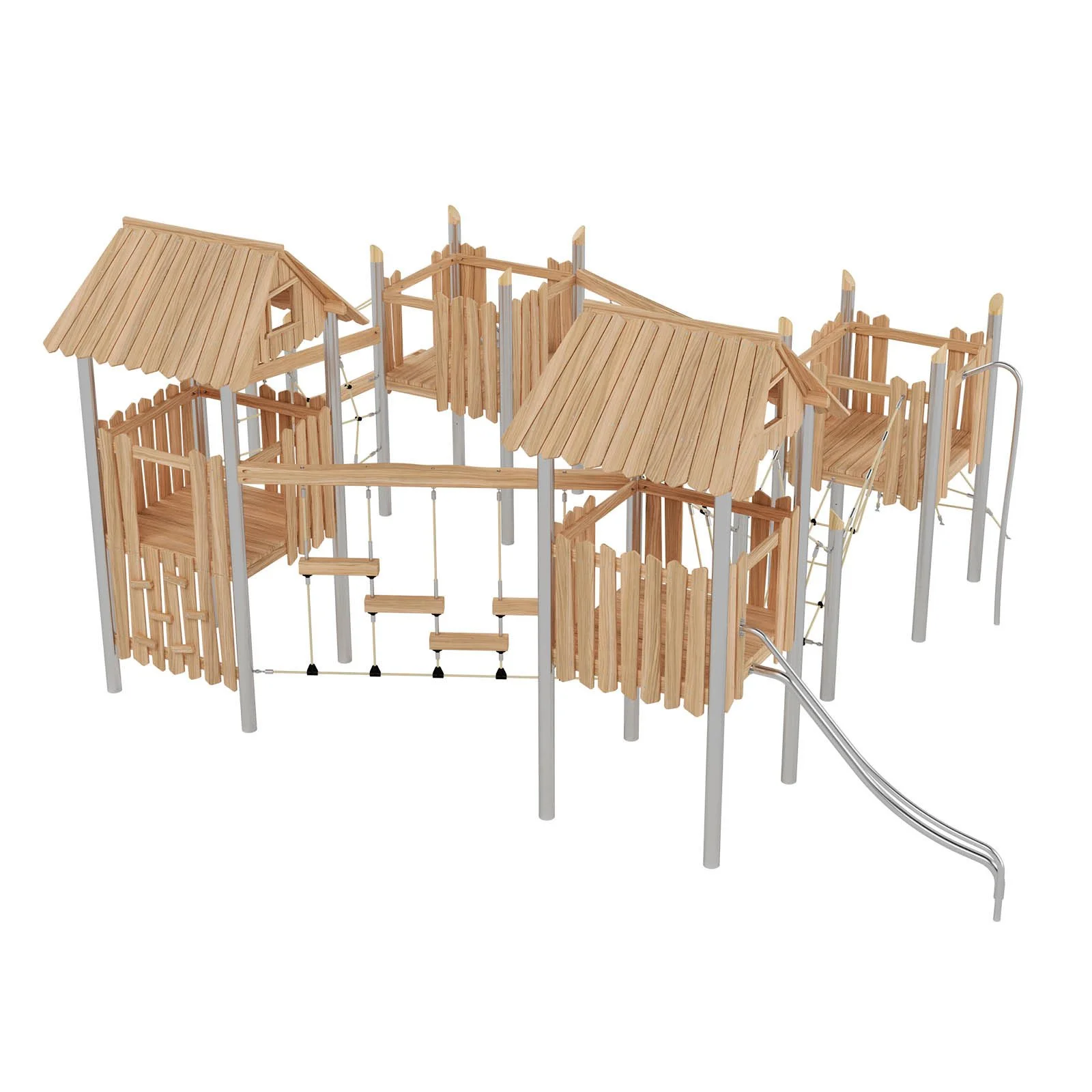 Robinio 401 playground structure for public areas, ages 3–14, supports large group play with slides, rope elements and roofed platforms, EN 1176 compliant.