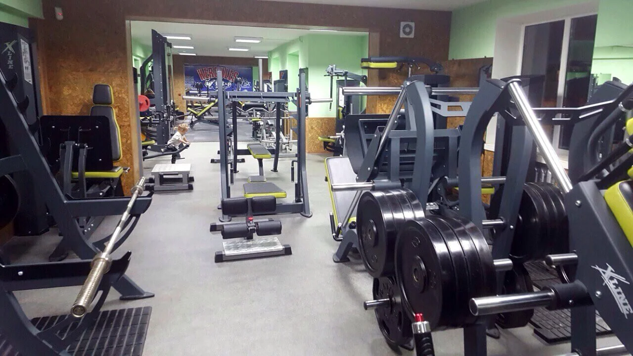 Exercise equipment in a gym featuring weight plates, a squat rack, and a balancing ball station, with a child sitting on a workout bench.