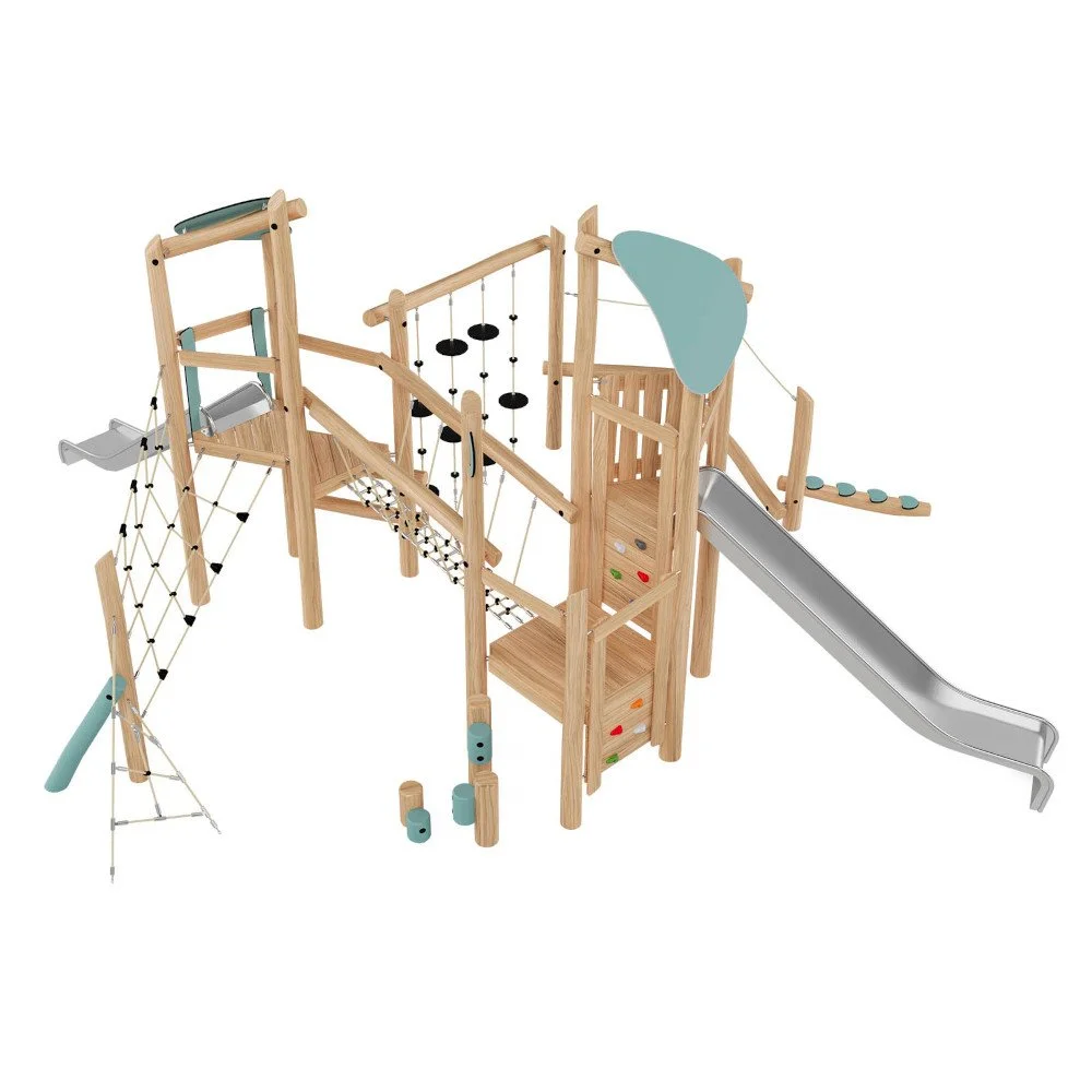 Robinio Set 4 playground structure for public areas, ages 3–14, supports up to 22 users, features rope bridge, slides and climbing elements